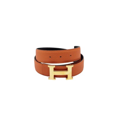 HERMÈS GOLD CONSTANCE H BUCKLE BELT ORANGE BROWN LEATHER 